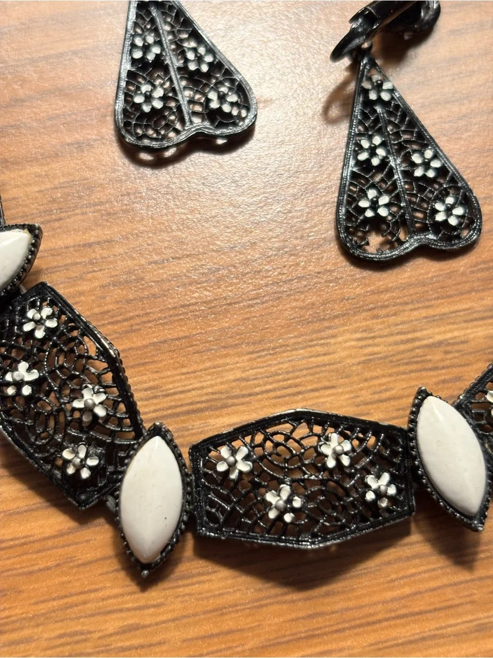 Black Filigree Bracelet and Drop Earrings Set with White Accents